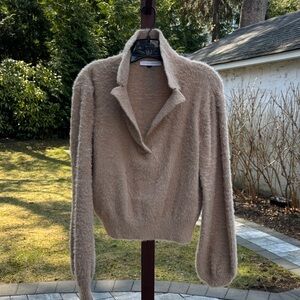 Women’s Soft Open-Collar Fuzzy Pullover Sweater — Taupe